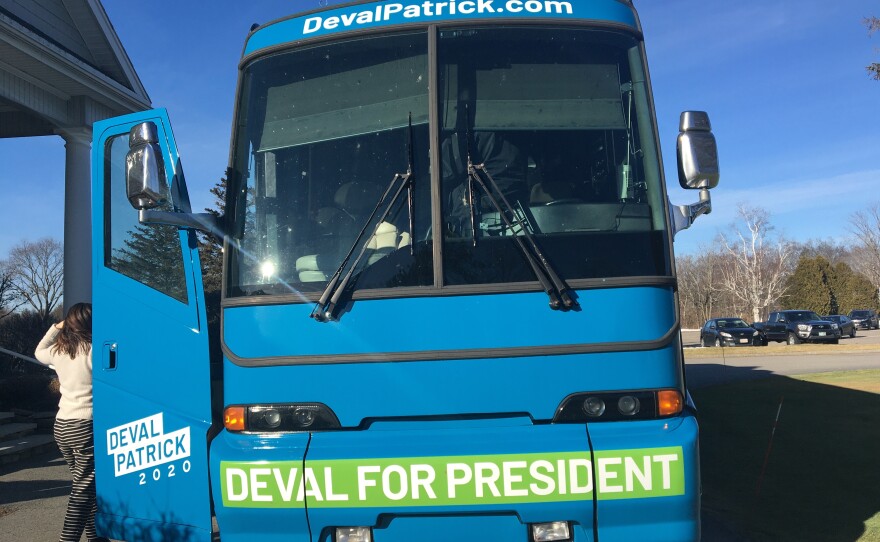 Deval Patrick's campaign bus in Greenland, New Hampshire.