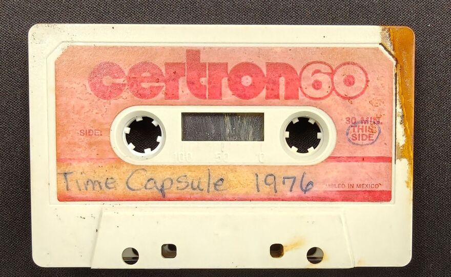 A photo of an audio cassette tape containing recordings by May Sands students recovered from the time capsule.