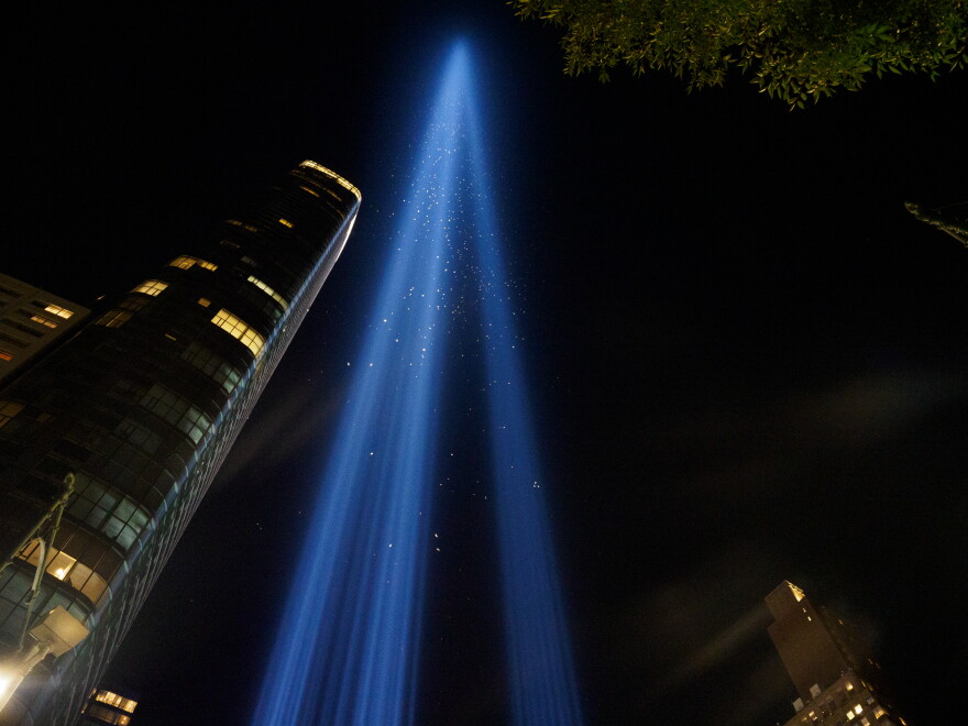 Two beams rise in the footprints of the Twin Towers in New York City. 