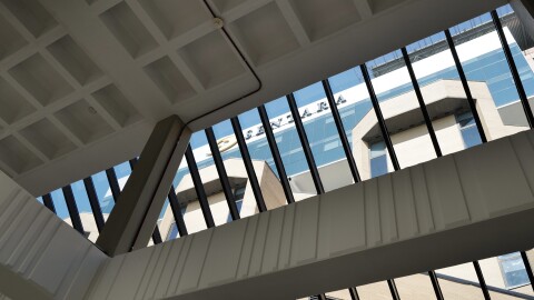 The Sentara building is seen through the skylight in Norfolk, Virginia.