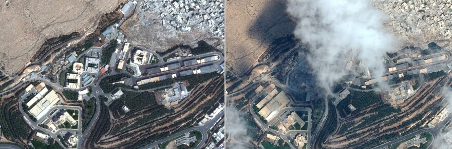 Satellite images taken a day before Saturday's missile attack (left) and the day of the attack (right) allegedly show the Barzeh research facility in northern Damascus.
