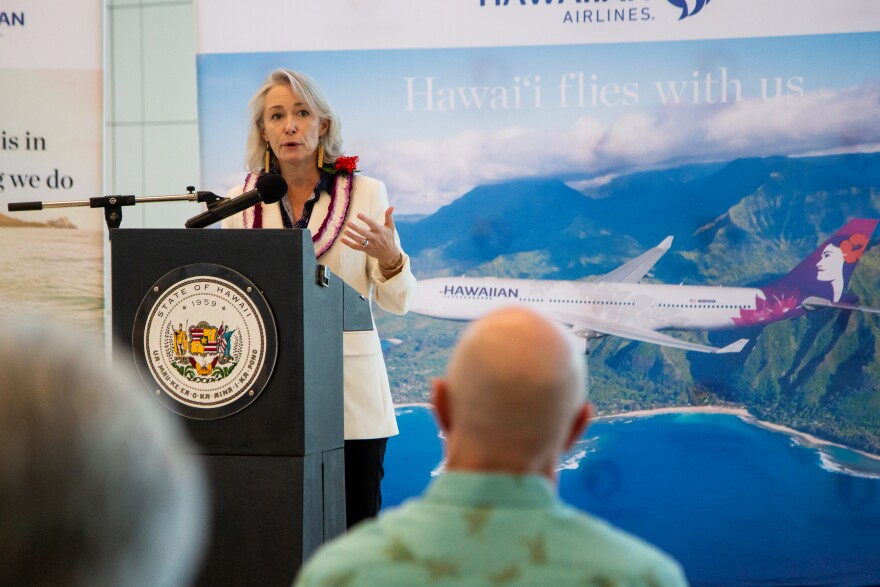 Hawaiian Airlines CEO Diana Birkett Rakow discusses the airline's $600 million investment plan at the Daniel K. Inouye International Airport. (January 5, 2026)