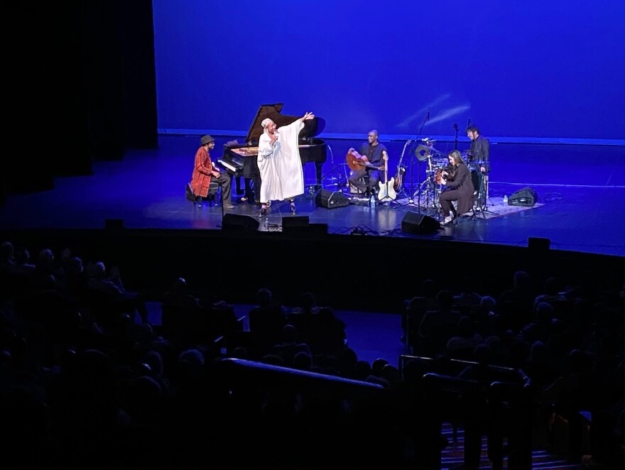 Cécile McLorin Salvant with her group at the Zellerbach Theater, during a Penn Live Arts concert on Dec. 12, 2021.