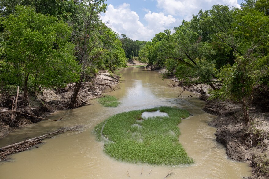 A piece of land can be seen in the middle of the Sulphur River. 