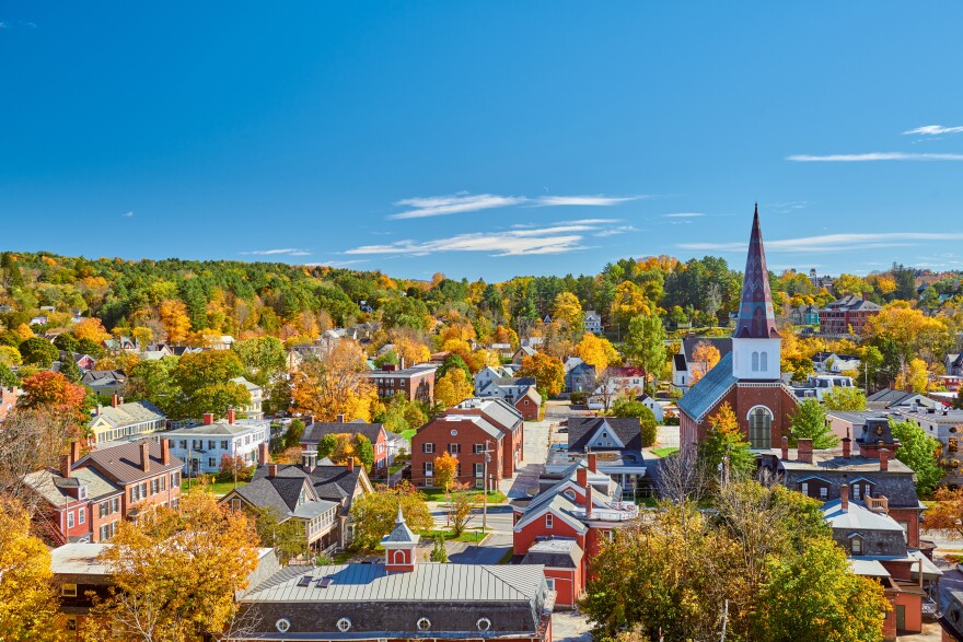 A view of Montpelier's downtown with blue sky overhead