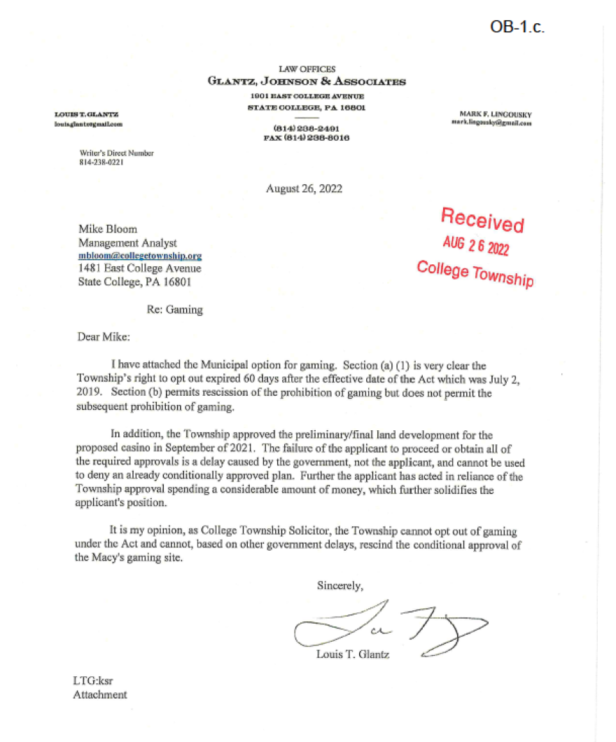 A screen shot of a letter dated Aug. 26, 2022, from College Township attorney Louis Glantz to the township.