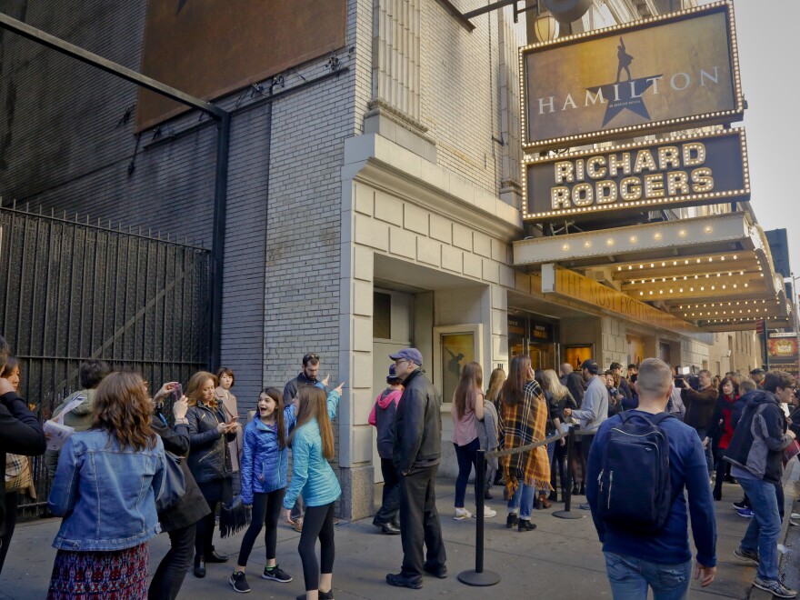 People line up to see the Broadway hit <em>Hamilton</em> on Nov. 19 in New York.