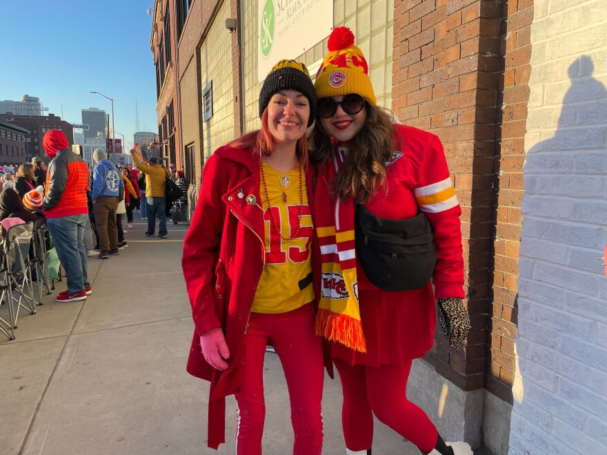 Sarah Hadley and Bailey Aubuchon at the Chiefs parade on Feb. 14, 2024.