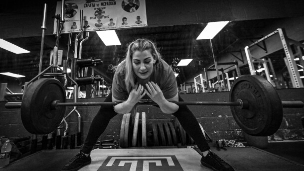 Teresa Troiani deadlifts in the Rocky's Boxing Gym of Berwick. She lifted the 733 pound Dinnie stones in Scotland and is planning her next stone lift in Iceland.