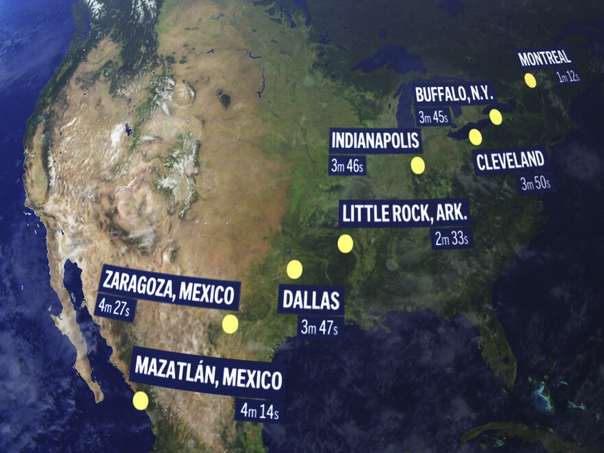 The total solar eclipse on April 8 will enter over Mexico's Pacific coast, dash up through Texas and Oklahoma, crisscross the Midwest, Mid-Atlantic and New England, before exiting over eastern Canada into the Atlantic.