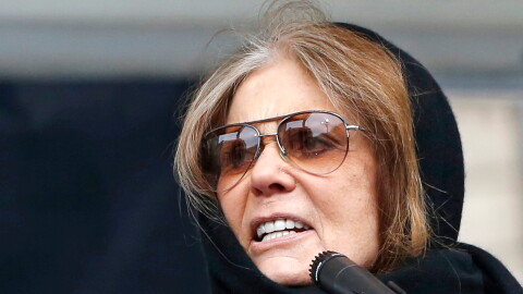 FILE - Feminist Gloria Steinem speaks at a rally organized by Women's March NYC in New York on Jan. 19, 2019.