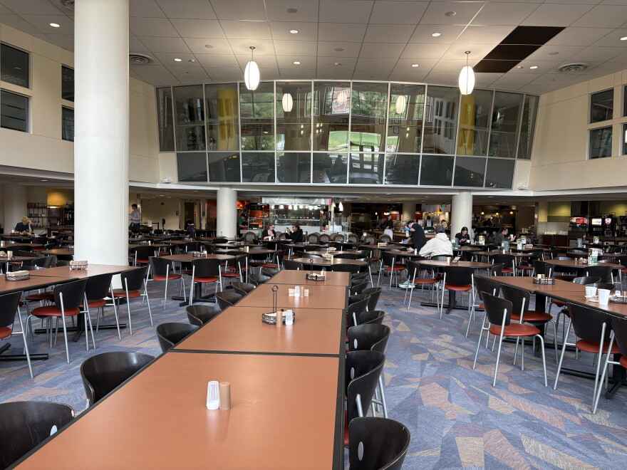 The Snyder dining hall empty as students did not make their way onto campus this morning.