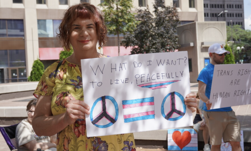 People gathered in downtown Dayton on Aug. 30 for a trans rights rally.