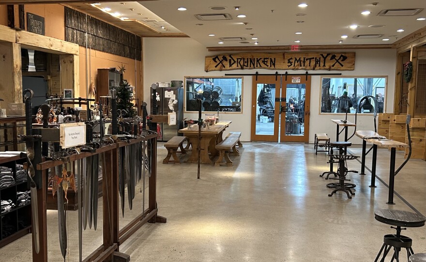 Merchandise and tables inside the Drunken Smithy forge in Lebanon Valley Mall. (Asha Prihar)
