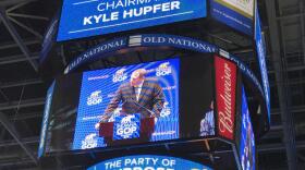 The video board at Evansville's Ford Center shows Indiana Republican Party Chair Kyle Hupfer as he speaks to his party's convention in 2018. (FILE PHOTO: Brandon Smith/IPB News)