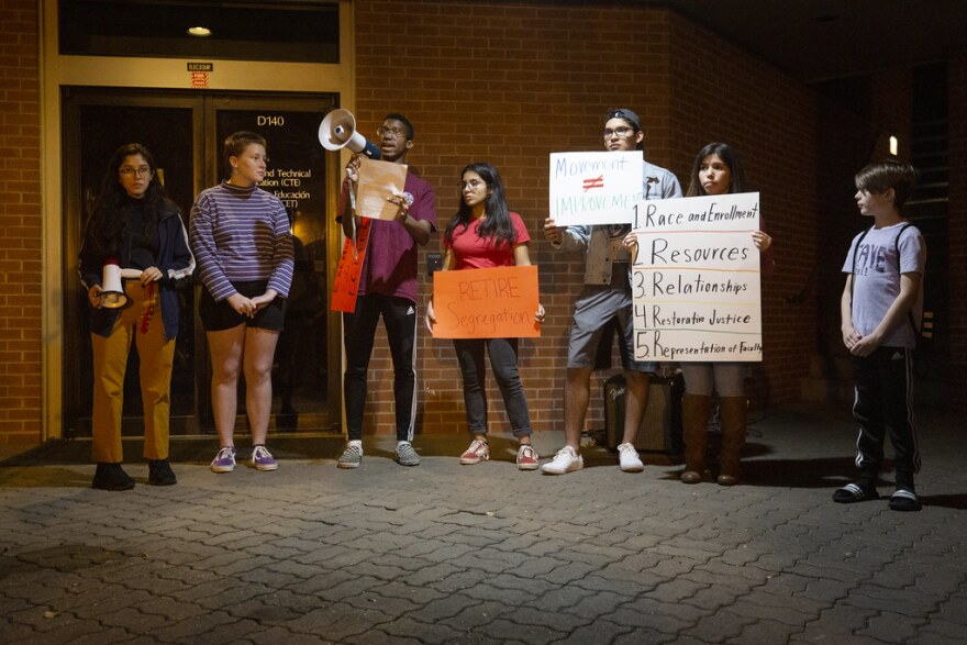 Members of the student-led group Integrate Austin speak out against segregation at an AISD school board meeting in November. The students called on the district to change boundary lines, so schools would be more racially and socioeconomically integrated.
