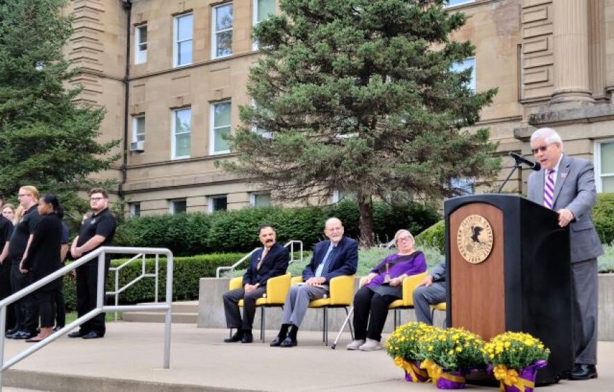 WIU President Guiyou Huang addressing the audience at the 2022 Founders' Day ceremony.