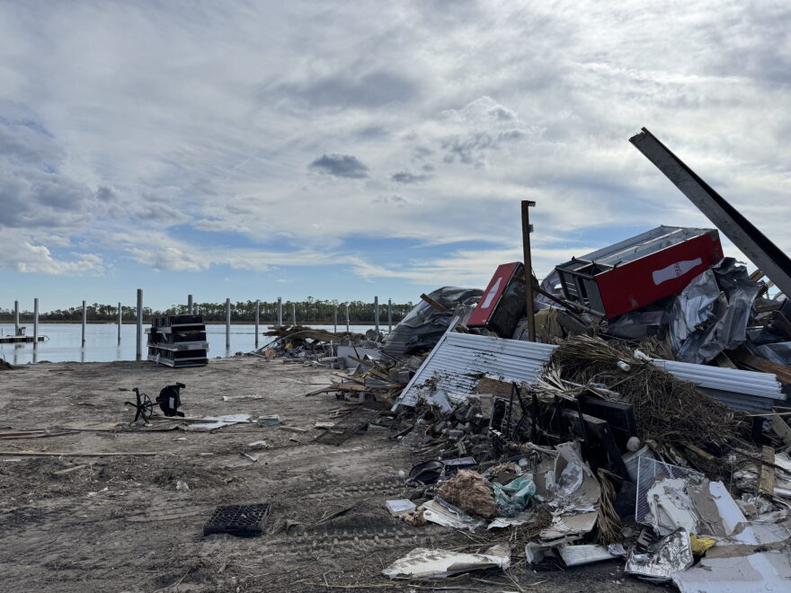 The coastline in Steinhatchee remains covered in debris on Oct. 3, 2024, following Hurricane Helene.