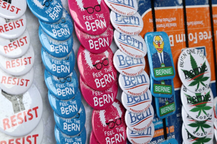 Sanders-themed merchandise was easy to come by at the Grappone Center in Concord Sunday.