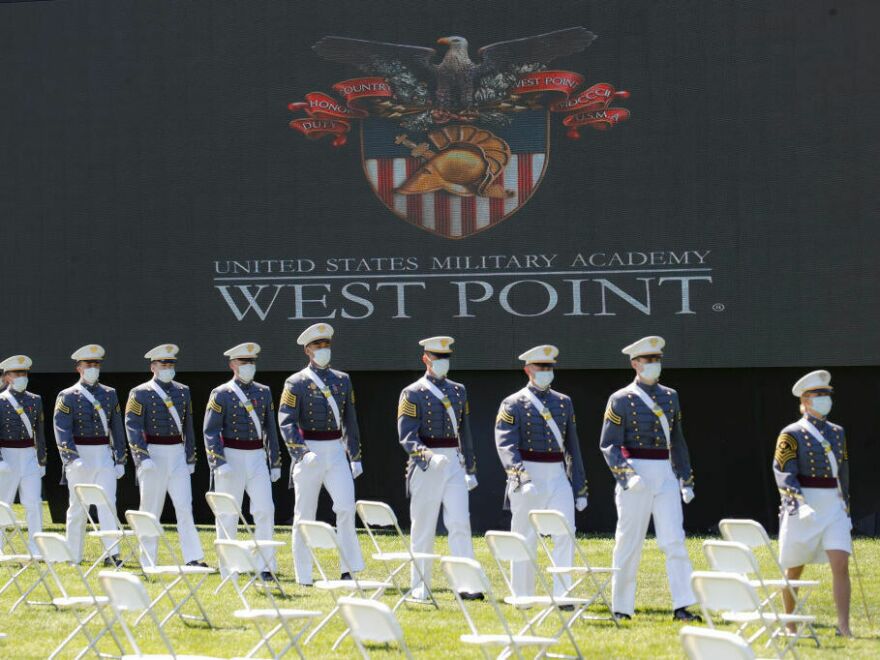 West Point graduating cadets are seen during commencement ceremonies at Plain Parade Field at the United States Military Academy on June 13, 2020, in West Point, New York.