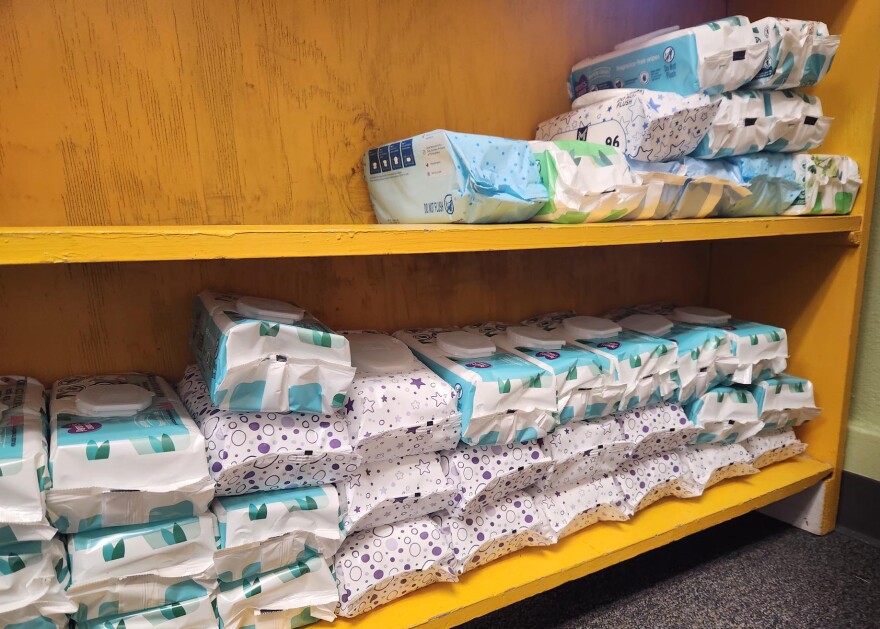 Mary Osburn, one of the program leaders, says wipes are nearly as in demand as diapers these days.