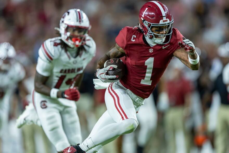 Alabama wide receiver Ryan Coleman-Williams (1) runs to score on a pass play against South Carolina during the first half of an NCAA college football game Saturday, Sept. 26, 2026, in Tuscaloosa, Ala. (AP Photo/Vasha Hunt)