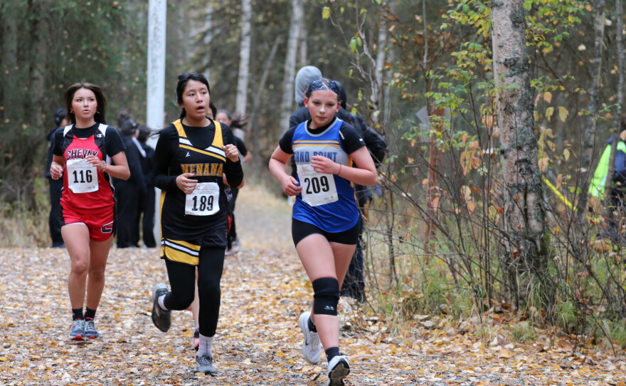 Runners compete at the ASAA cross-country running state championships in Anchorage on Oct. 3, 2026.