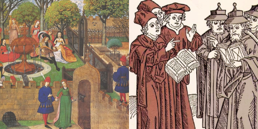 Paintings of a lively garden party (1485) and a heated debate among medieval scholars (1483).
