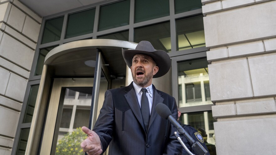 Couy Griffin spoke on June 17 outside federal court in Washington, D.C., where he was convicted of entering a restricted area during the Jan. 6 riot at the Capitol.