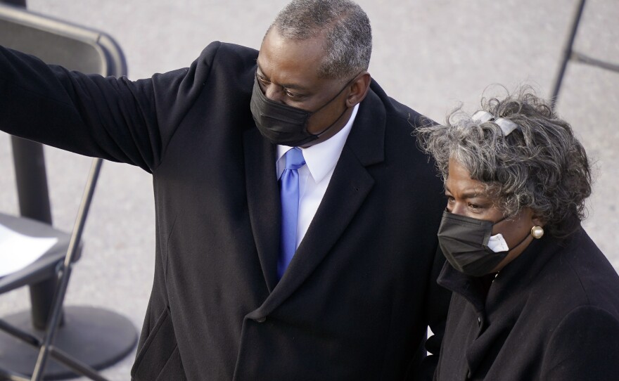 Austin arrives at the inauguration ceremony Wednesday at the U.S. Capitol. Austin needed Congress to approve a waiver for him to serve as Pentagon chief because he hasn't been out of uniform for the required seven years.