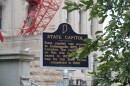 The state capitol marker sits on Capitol Avenue & W. Market Street at the east entrance to the State House, Indianapolis.