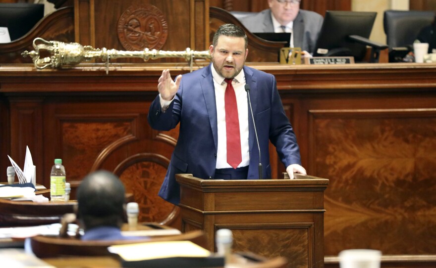 FILE — South Carolina Rep. RJ May, R-West Columbia, speaks in favor of an education voucher bill on Wednesday, April 26, 2023, in Columbia, S.C.