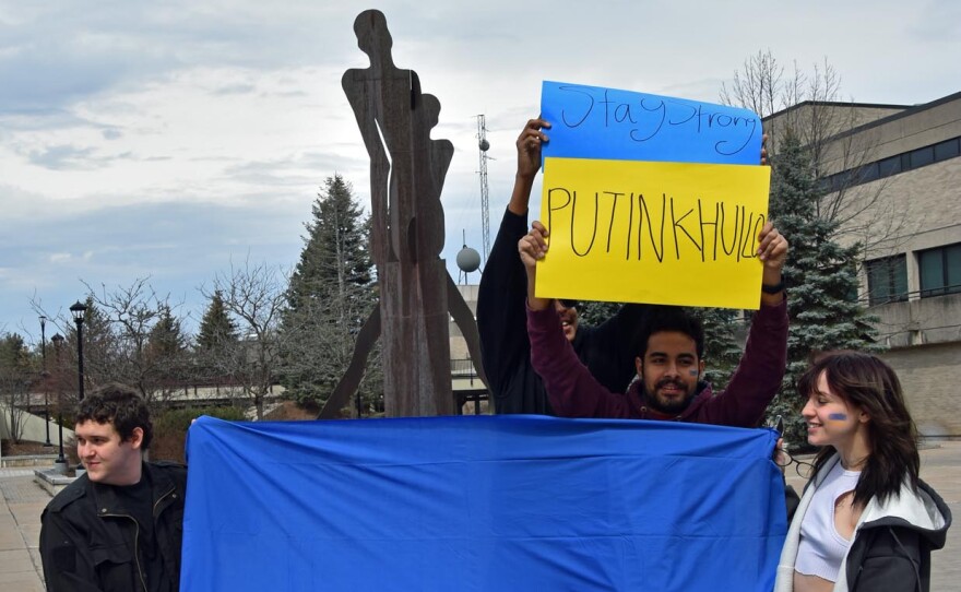 SUNY Plattsburgh students rally for Ukraine on the campus' Amite Plaza