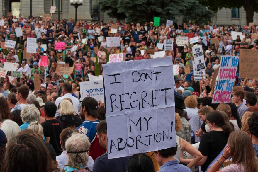 A large crowd outside the state capitol holding signs.