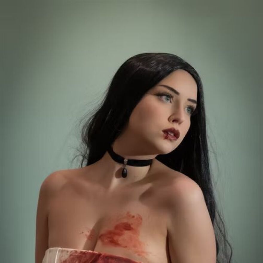 One of the most arresting images in 'Vice & Virtue' is 'Miss Check' by Lindsay Carlton.