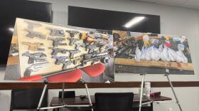 A picture of seized guns on the left and pictures of seized white powder in bags on the left