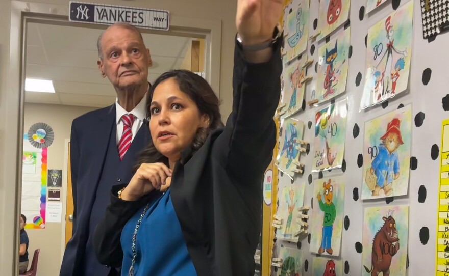 Principal Angulo describes DVA's approaches to learning for Superintendent Horne.