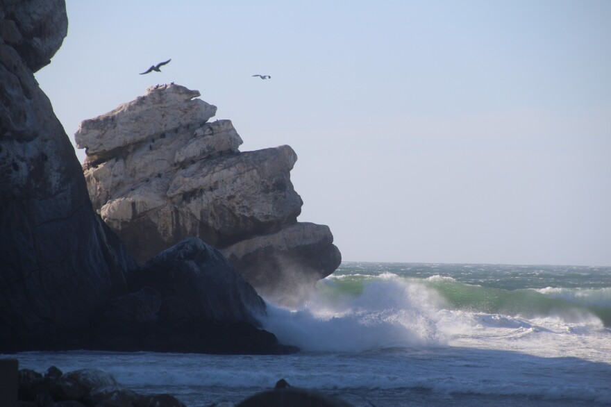 The Pacific Ocean crashes against Morro Rock.