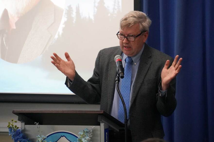 Talis Colberg speaks at a memorial for Gary Turner at Kenai Peninsula College in Soldotna, Alaska, on May 31, 2026.