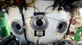 The Pisces V submersible sits on the deck of a research vessel during an expedition to previously unexplored seamounts off the coast of Hawaiʻi Island on Sept. 8, 2016.