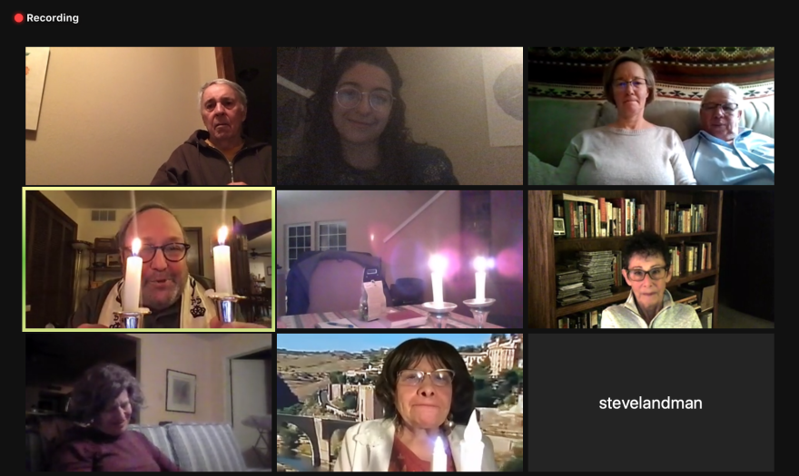 A Shabbat service over Zoom for members of Temple Aaron