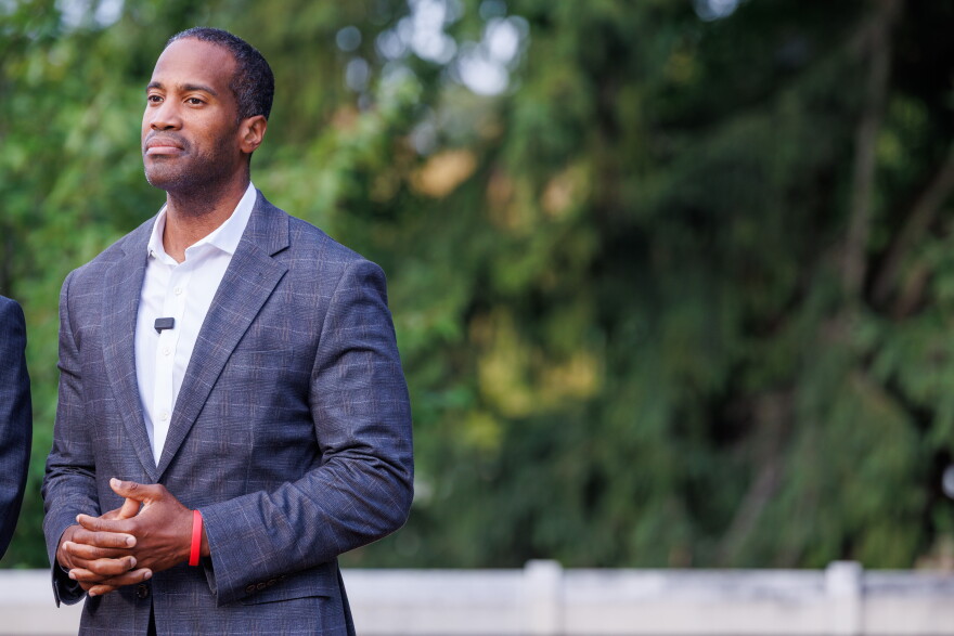 U.S. Rep. John James, the Republican nominee for Michigan governor, at a Charlie Kirk memorial press conference at Michigan State University in East Lansing, Mich., on Sept. 10, 2026.