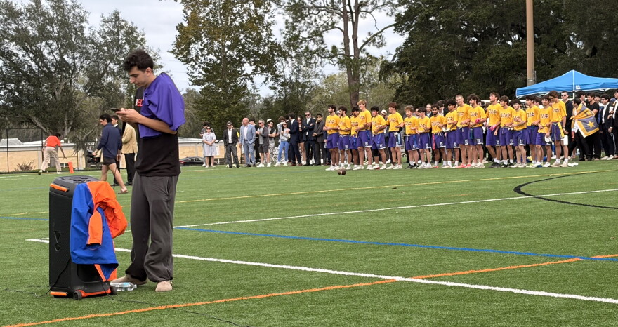 Marc Wendrow, Eli Silverman’s best friend, gives a speech on Sunday Oct.18, 2026, about Eli Silverman and thanks the foundation created by his family after Eli's death. (Madison Middleton/WUFT News)