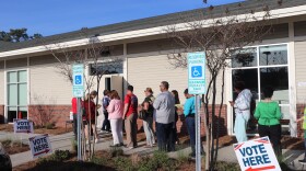A group of voters stand in line at the Leland Cultural Arts Center. 