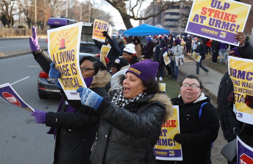 Carol Washington, who has worked in environmental services at the University of Rochester Medical Center for 15 years, and other union members who work as patient caregivers and service workers at URMC's Strong Memorial Hospital participate Wednesday, Dec. 13, 2023, in a 17-hour-long strike after failing to reach a contract with the health system.