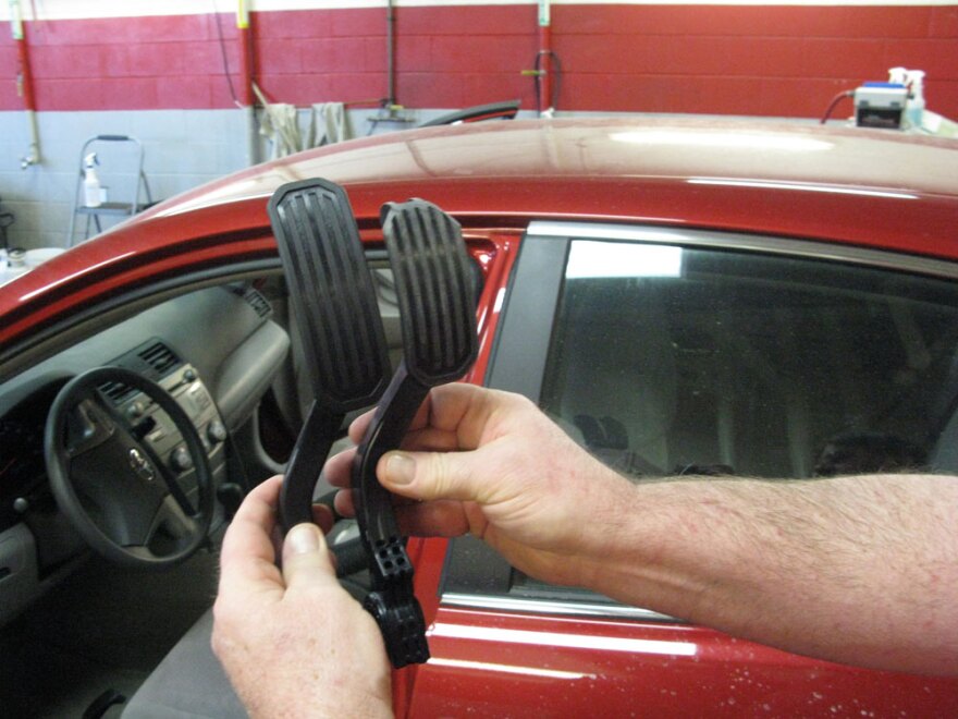 For some models, Toyota is teaching technicians at dealerships how to shave down the gas pedal to make it smaller so it won't run the risk of getting stuck on a floor mat. The pedal on the right has been shortened.