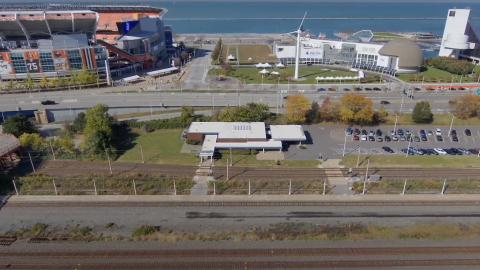 A proposed lakefront connector will be built by Cleveland to link downtown more firmly to Lake Erie and attractions at North Coast Harbor including the Great Lakes Science Center and the Rock and Roll Hall of Fame. The city-owned NFL stadium, left, will be replaced by new development.