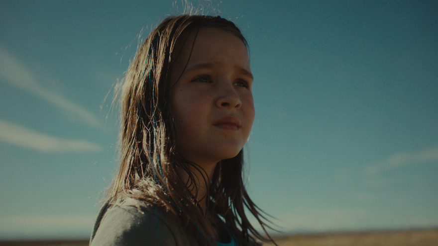 A brown haired girl looks off camera. The background is a blurry blue sky and a brown field. 