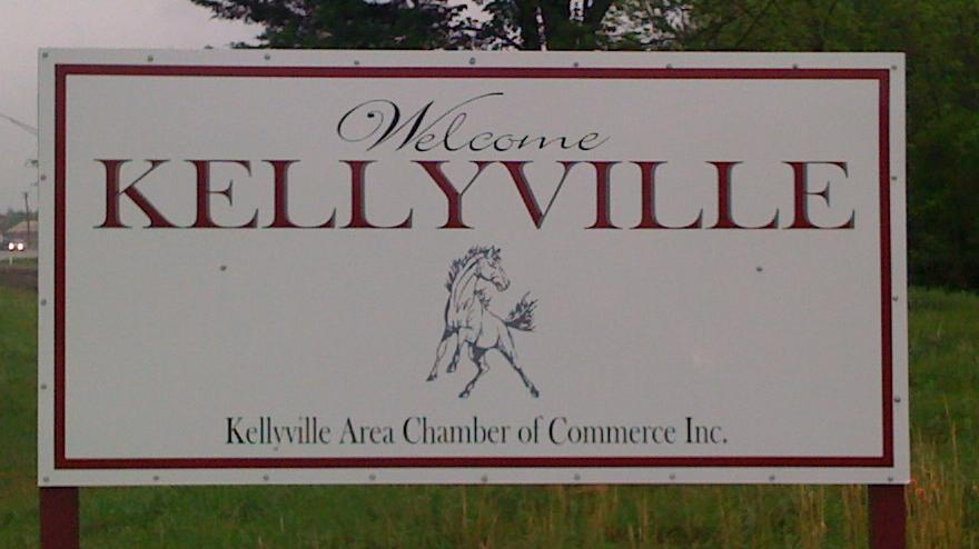 A sign welcomes travelers along Route-66 to Kellyville, Oklahoma.