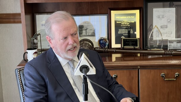 Due South co-host Jeff Tiberii talks with NC Senate Leader Phil Berger in his office at the state legislature.